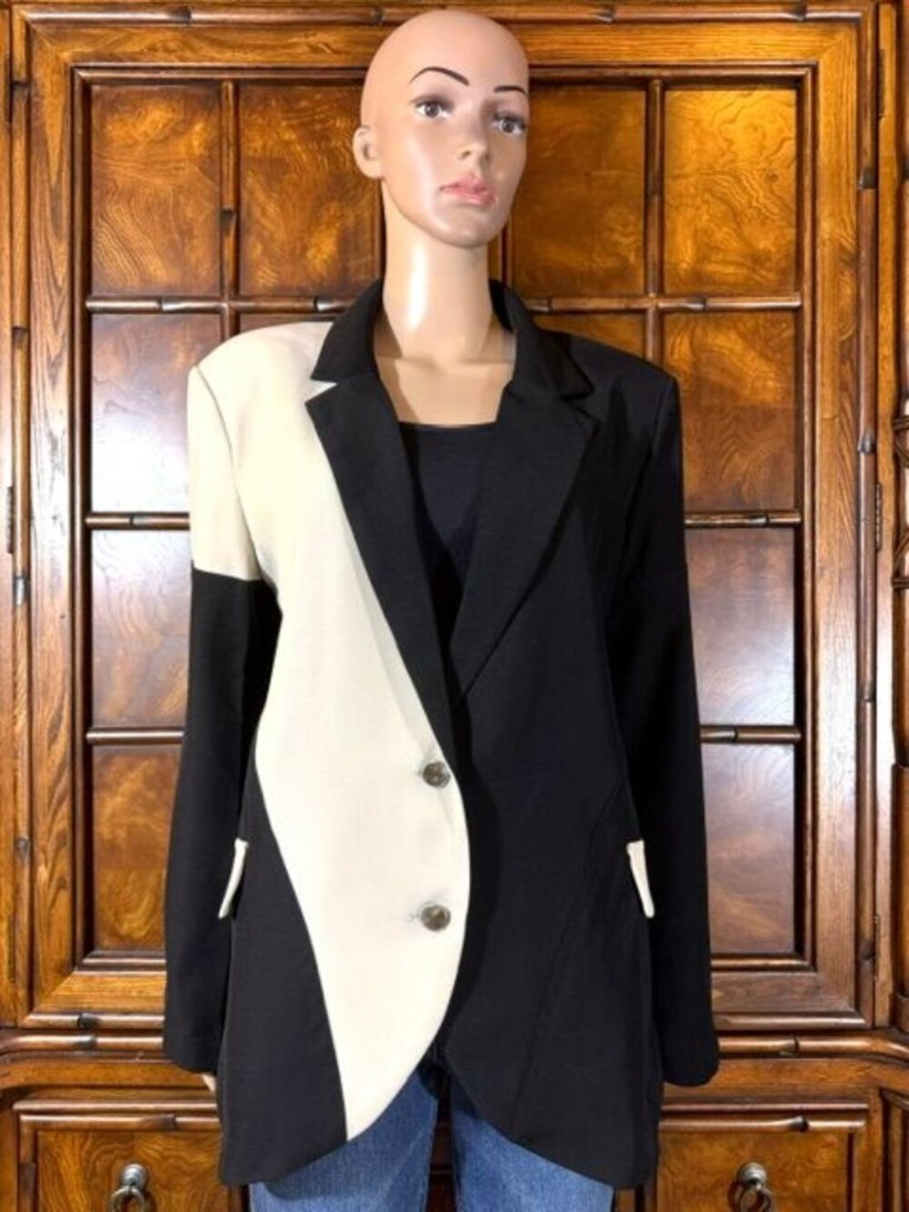 Shein X Black Stone Asymmetrical Colorblock Top Seamed Blazer